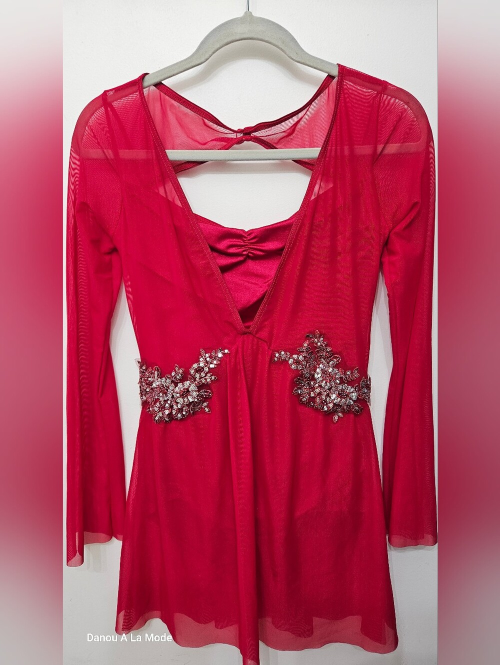Weissman Dance Red Long Sleeve Mesh Dress with Crystal Appliqué